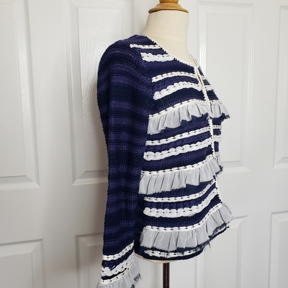 Chico's Ruffled Striped Mixed Texture Cardigan Sweater Small - Picture 5 of 10